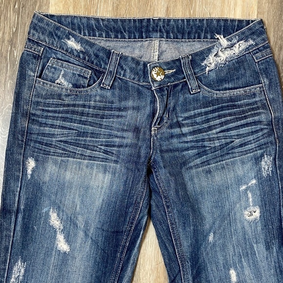 AJ ARMANI JEANS Men's Designer Distressed Boot Cut Denim Blue Jeans - Picture 3 of 7